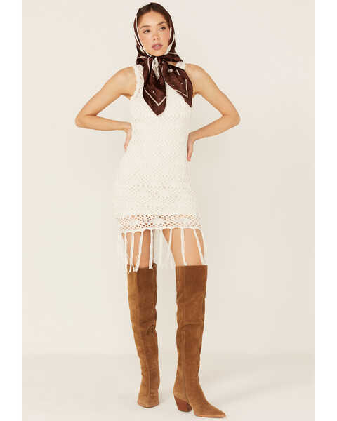 Shyanne Women's Crochet & Fringe Midi Dress, White, hi-res