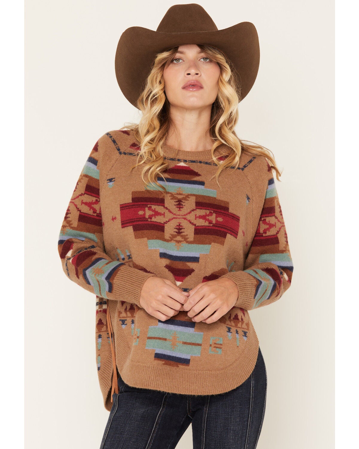 Cotton & Rye Women's Southwestern Print Round Bottom Sweater, Tan, hi-res