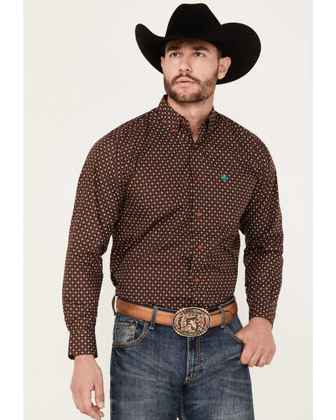 Ariat Men's Barrett Geo Print Long Sleeve Button-Down Western Shirt, Brown, hi-res