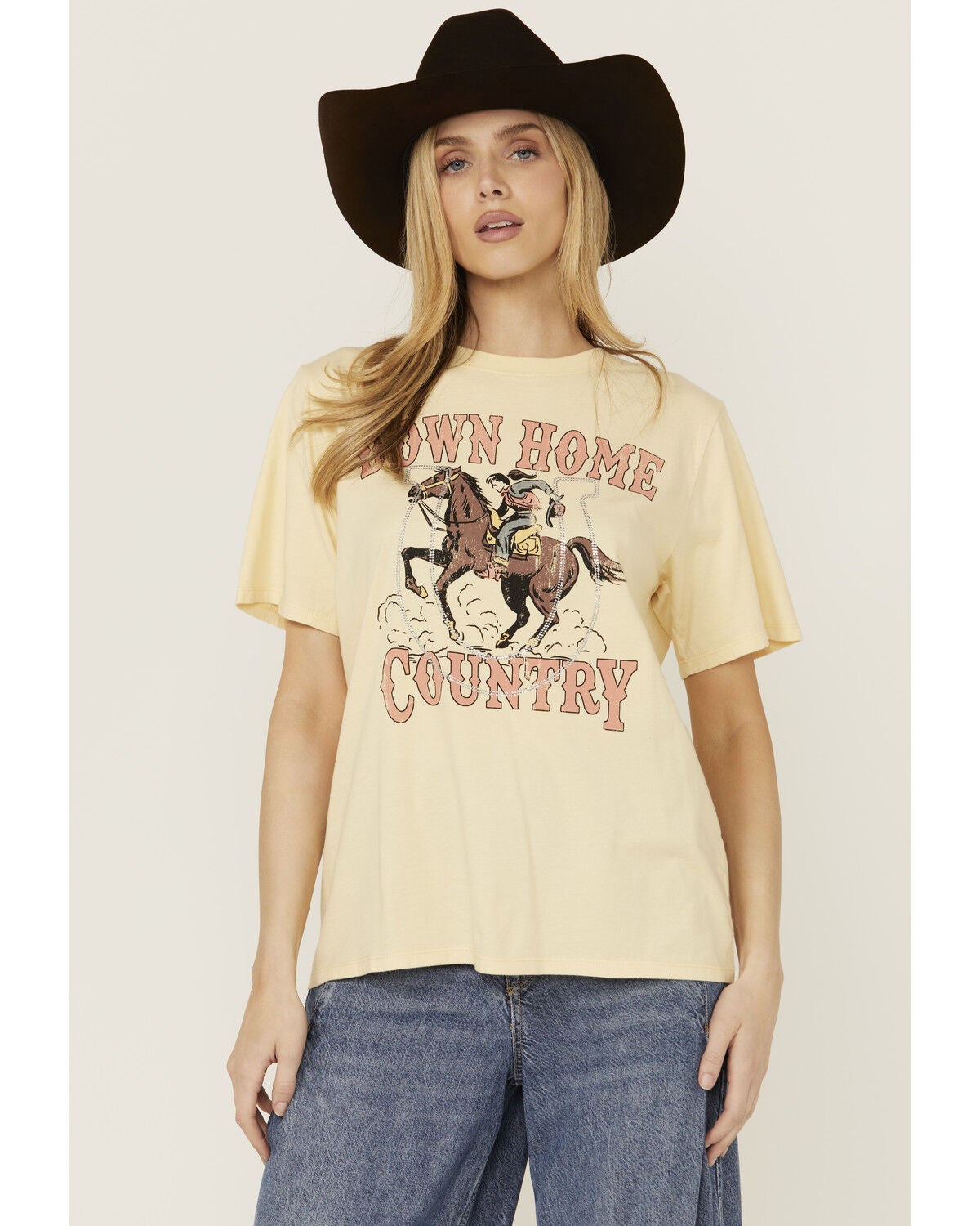 Shyanne Women's Rhinestone Horseshoe Short Sleeve Graphic Tee, Yellow, hi-res