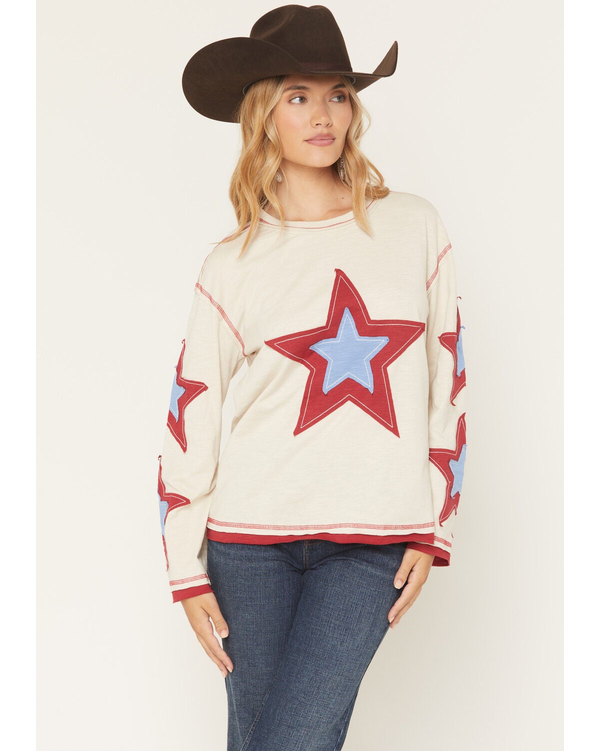 Blended Women's Long Sleeve Star Patchwork Top, Cream, hi-res