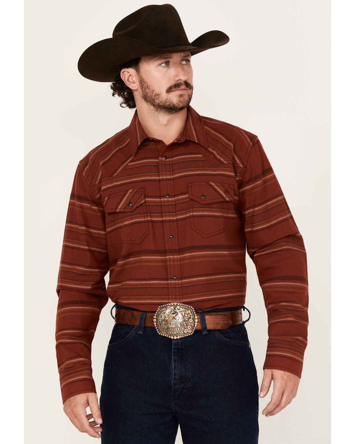 Blue Ranchwear Men's Range Striped Long Sleeve Snap Western Shirt, Red, hi-res