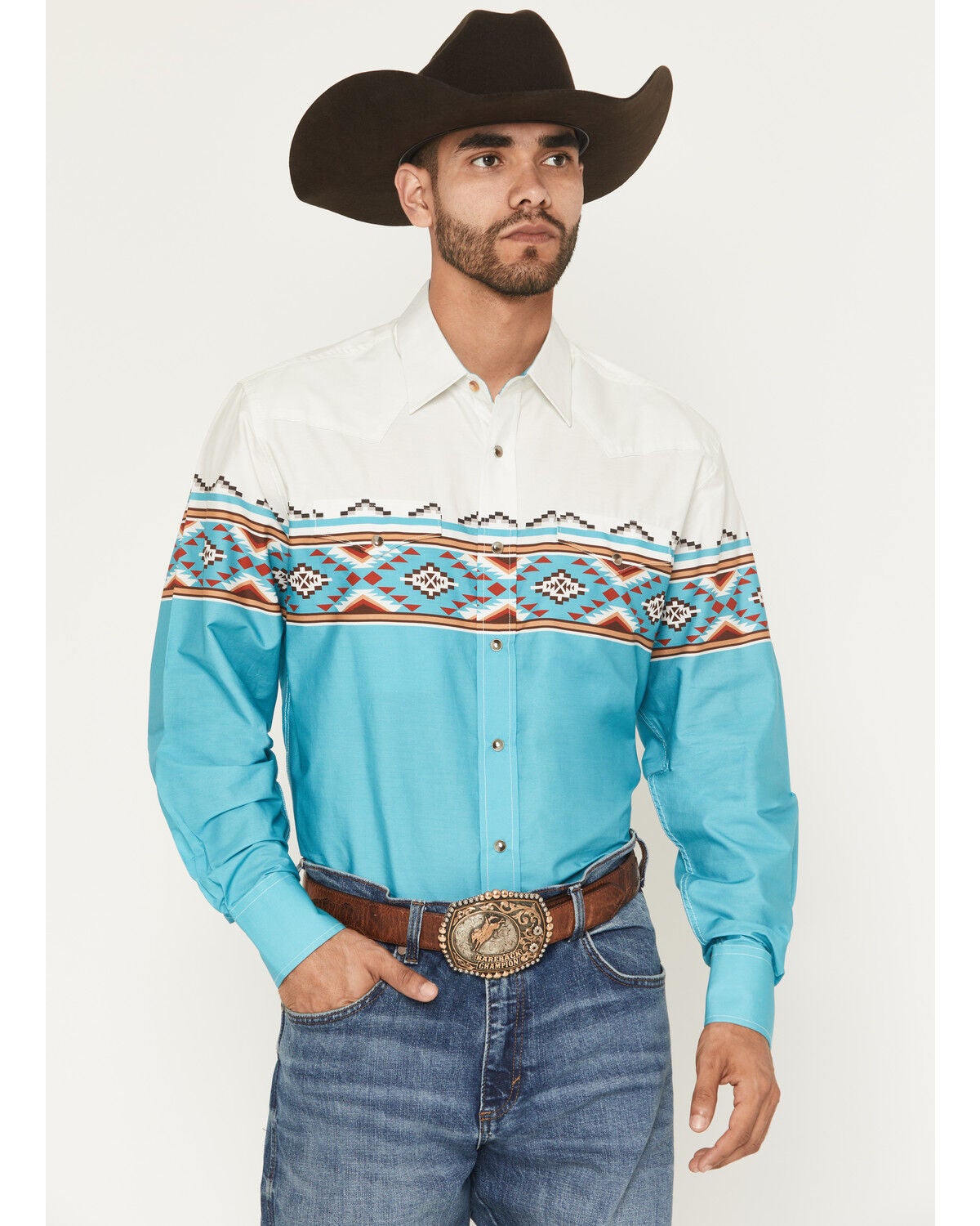 Rodeo Clothing Men's Southwestern Border Long Sleeve Snap Western Shirt, Teal, hi-res
