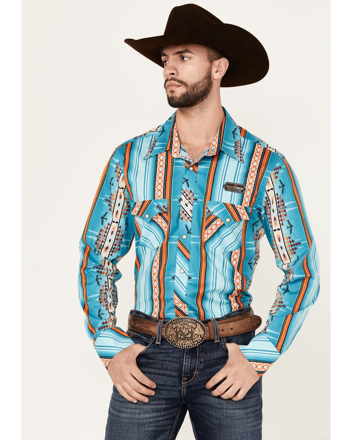 Rock & Roll Denim Men's Southwestern Striped Print Long Sleeve Snap Stretch Western Shirt, Turquoise, hi-res