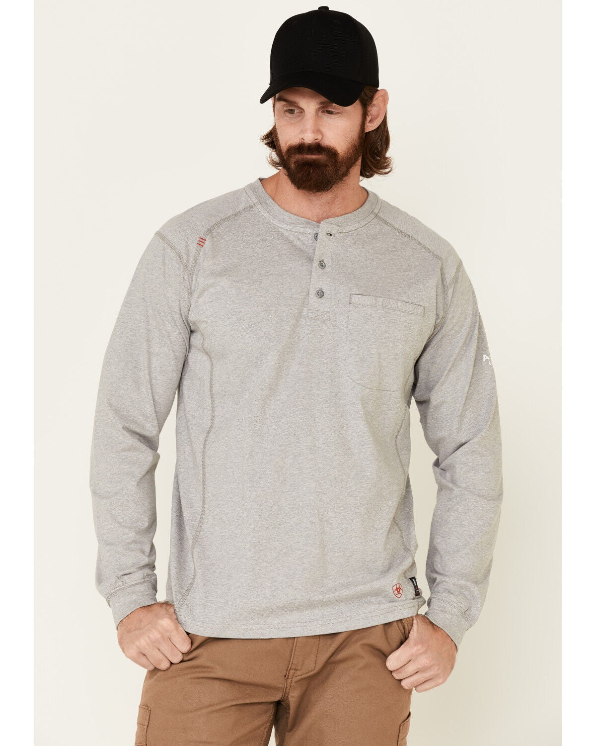 Ariat Men's FR Air Long Sleeve Work Henley Shirt - Tall, Heather Grey, hi-res