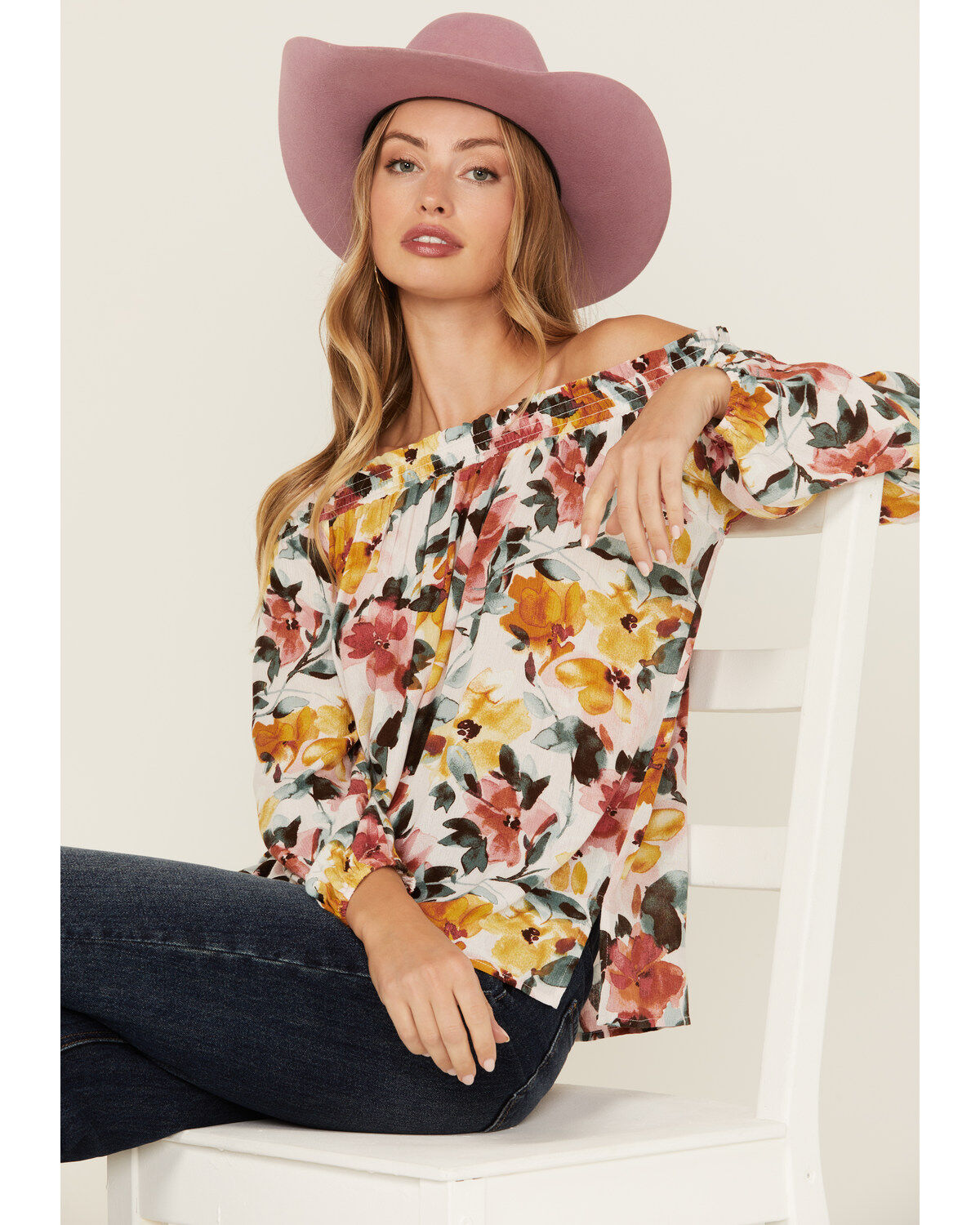 Image #4 - Wild Moss Women's Floral Print Long Sleeve Off The Shoulder Shirt, Multi, hi-res
