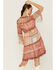 Miss Me Women's Patchwork Button Front Bell Sleeve Dress, Rust Copper, hi-res