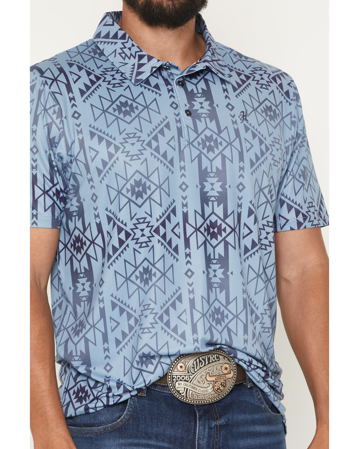 Image #3 - Hooey Men's The Weekender Southwestern Print Short Sleeve Button-Down Polo Shirt, Blue, hi-res