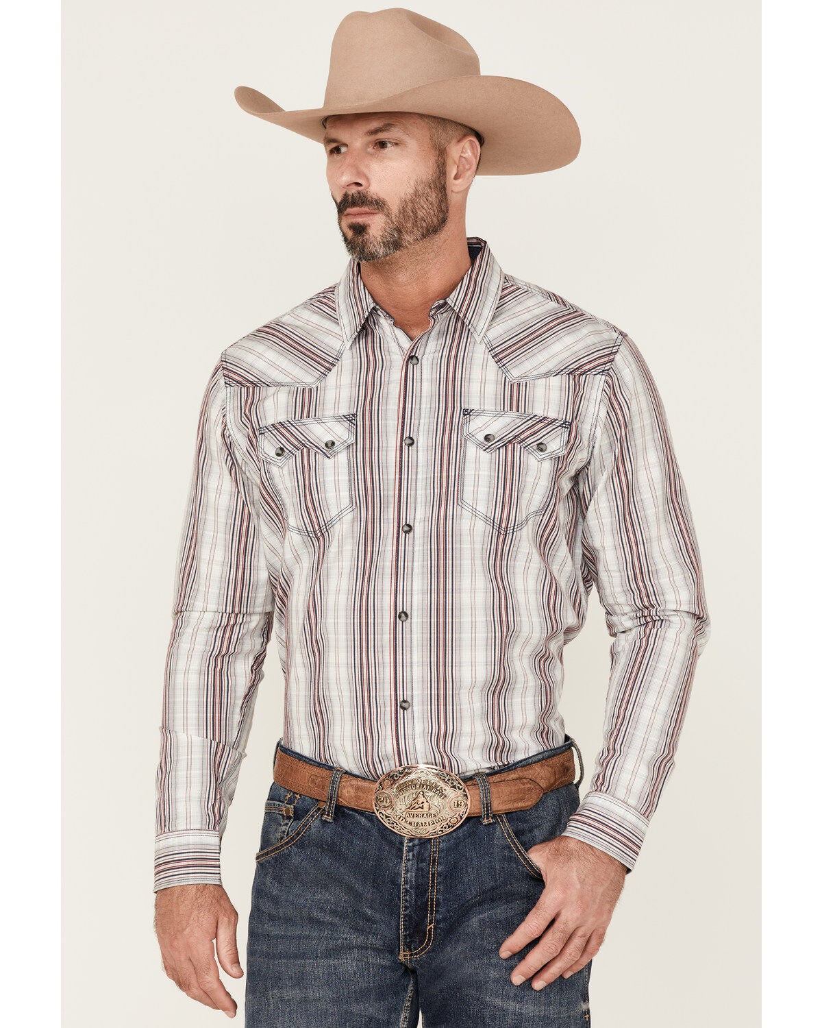 Moonshine Spirit&reg; Men's Stripe Plaid Long Sleeve Snap Western Shirt, White, hi-res