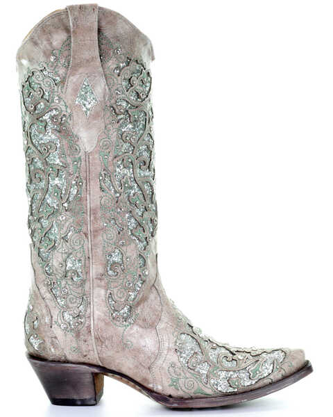 Corral Women's Glitter Inlay and Crystals Western Boots, White, hi-res