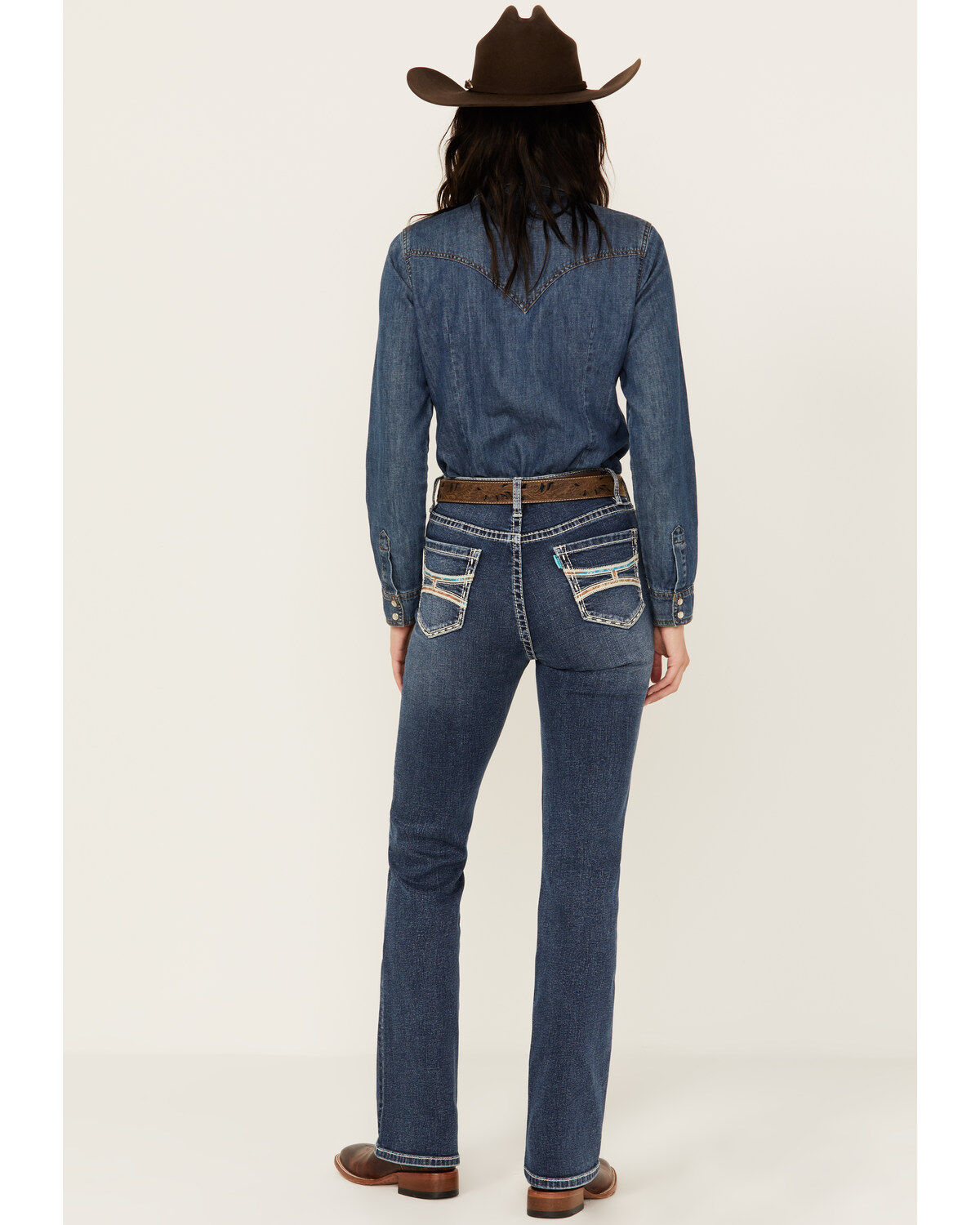 Image #1 - Hooey by Rock & Roll Denim Women's Medium Wash High Rise Southwestern Print Stretch Bootcut Jeans, Medium Wash, hi-res