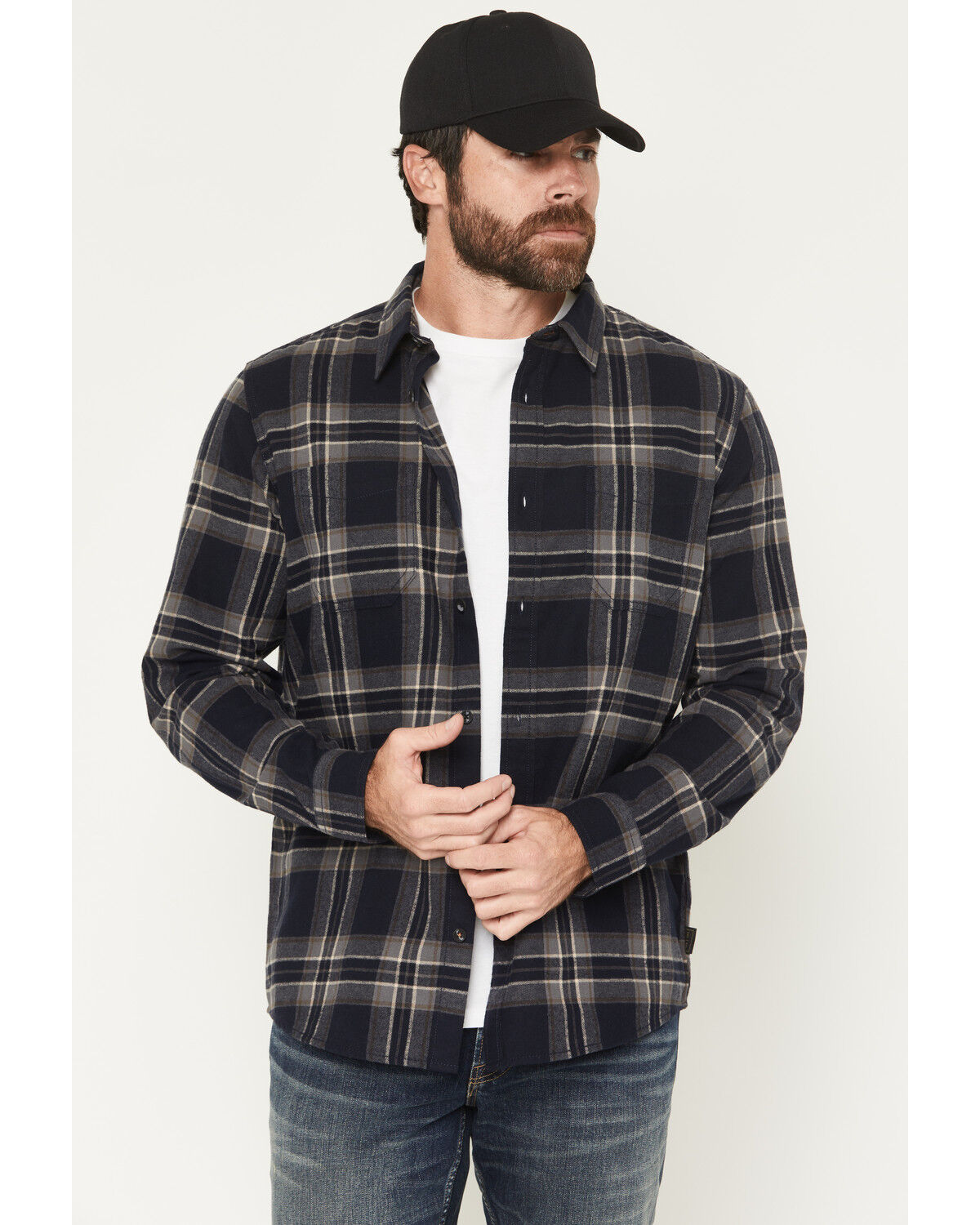 Image #1 - Brothers and Sons Men's Blue Light Plaid Print Long Sleeve Button-Down Flannel Shirt, Navy, hi-res
