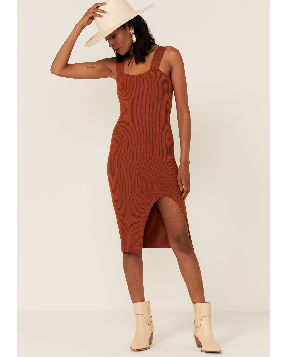 Image #2 - Shyanne Women's Ribbed Sweater Knit Midi Bodycon Dress, Rust Copper, hi-res