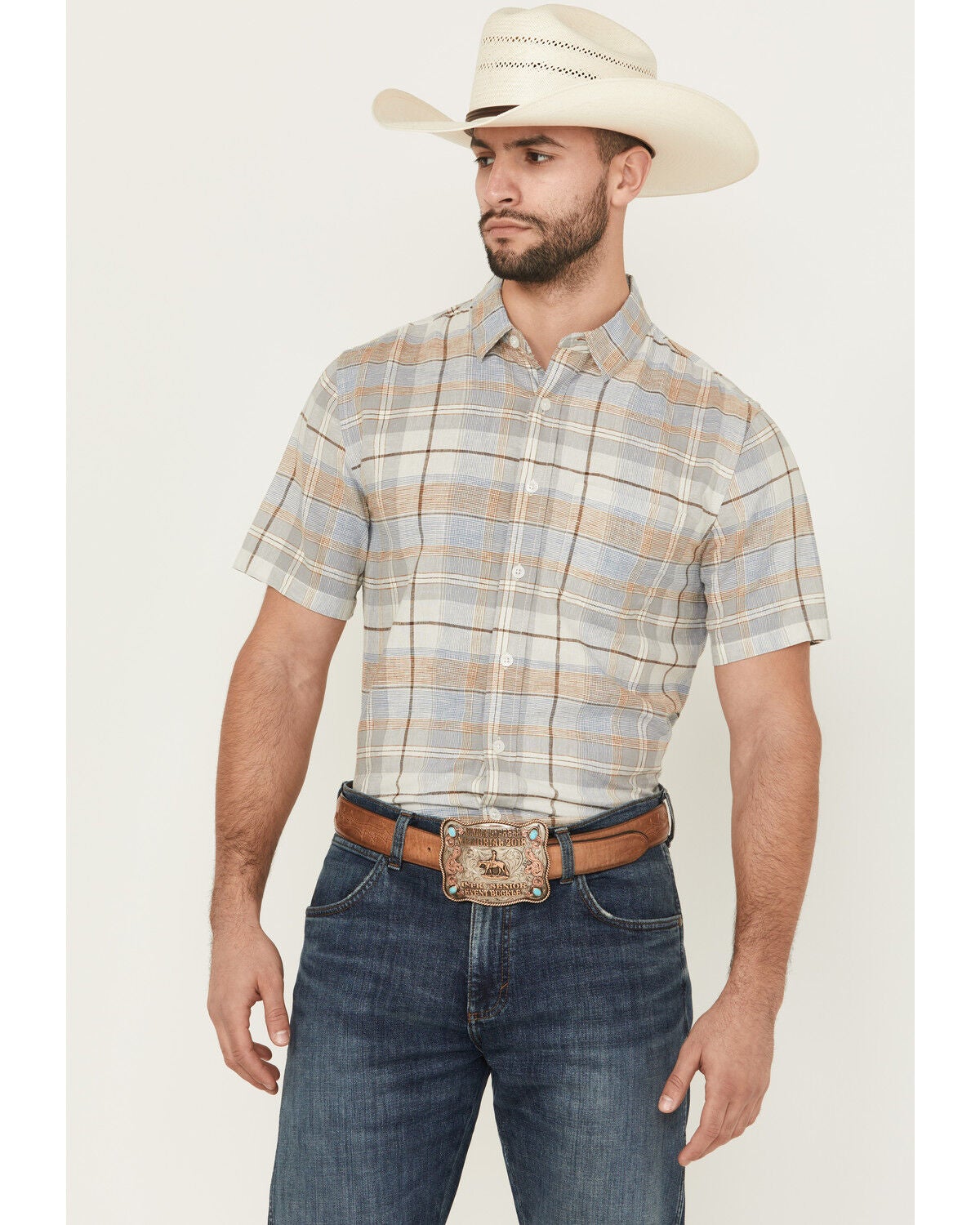 Pendleton Men's Dawson Plaid Print Short Sleeve Button-Down Linen Shirt, Grey, hi-res