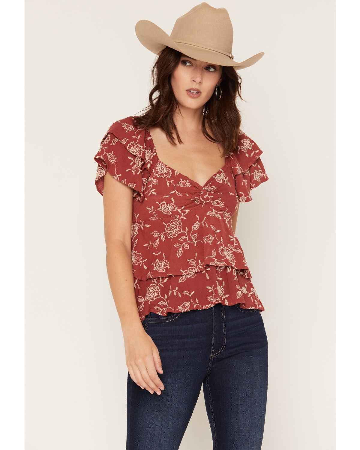 Originality Women's Boot Barn Exclusive Floral Embroidered Tiered Tie Back Top, Rose, hi-res
