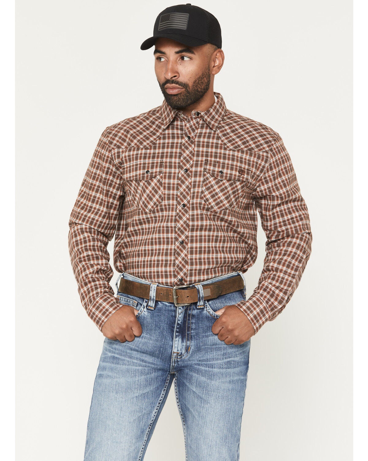 Cody James Men's FR Hondo Plaid Print Long Sleeve Snap Stretch Work Shirt, Dark Brown, hi-res