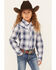 Image #1 - Ely Walker Girls' Embroidered Yoke Plaid Print Long Sleeve Pearl Snap Western Shirt, Blue, hi-res
