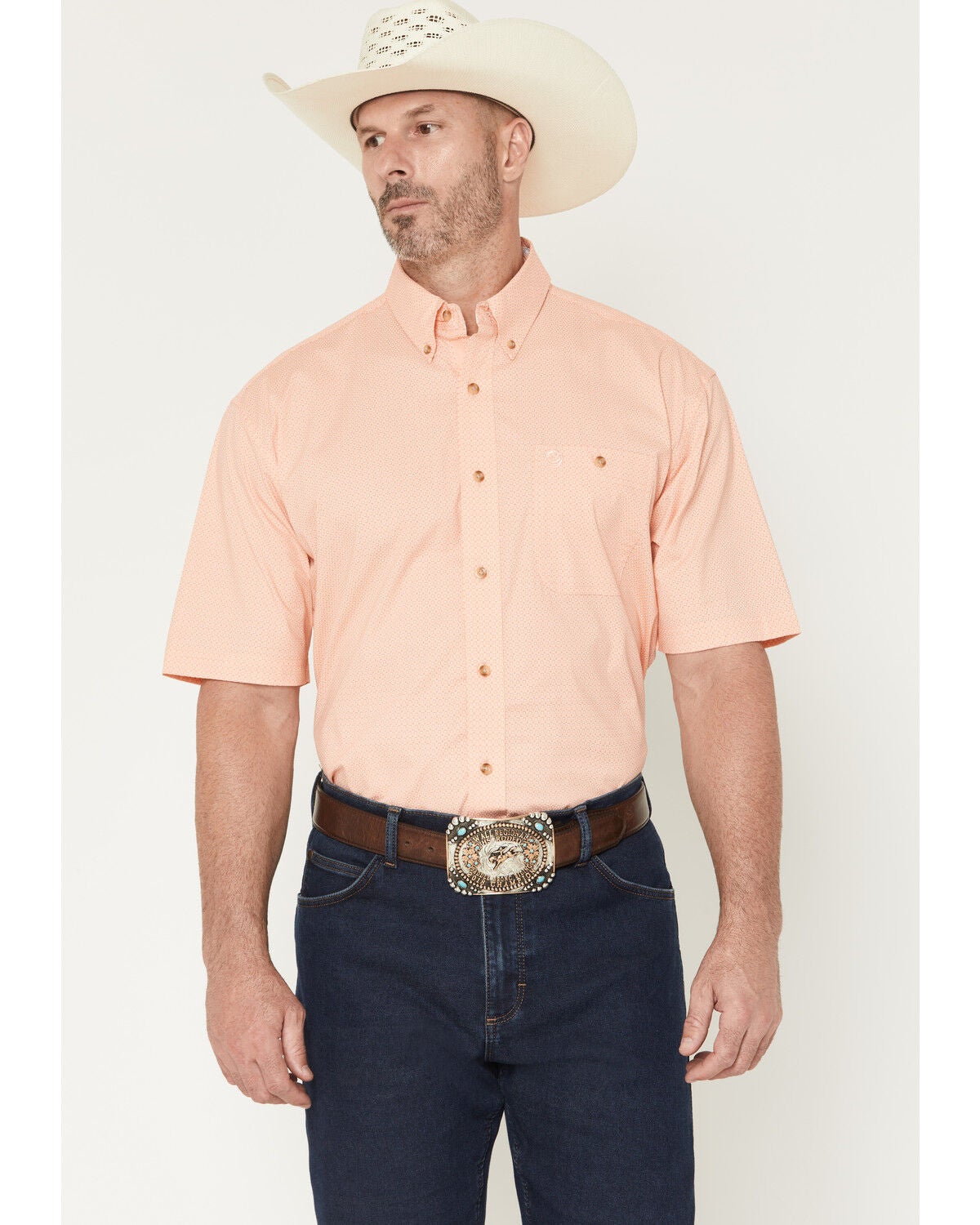 Image #1 - George Strait by Wrangler Men's Geo Print Short Sleeve Button-Down Stretch Western Shirt - Tall, Orange, hi-res