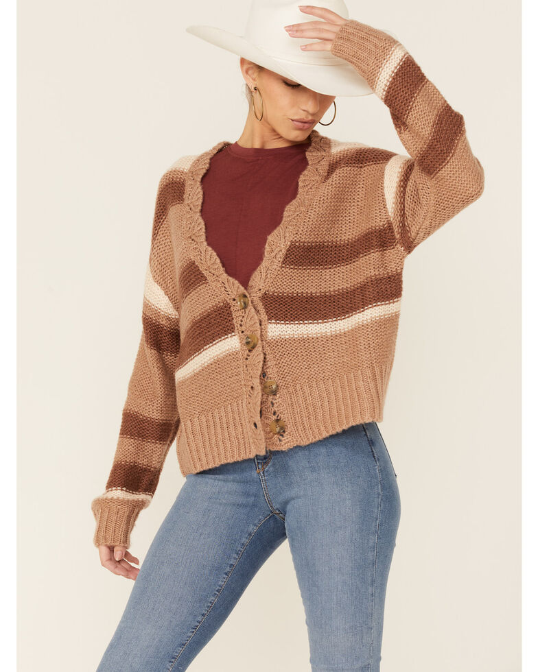Wishlist Women's Clay Striped Pointelle Trim Cardigan Sweater, Rust Copper, hi-res