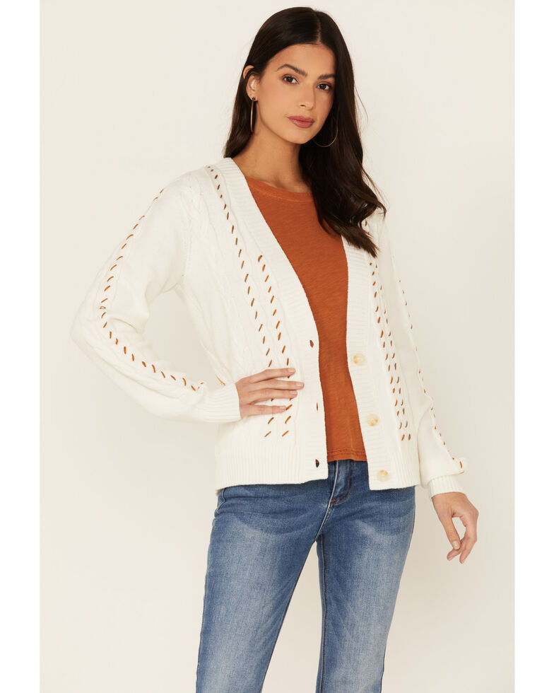 Idyllwind Women's White Music Circle Cable Knit Back Bronco Cardigan Sweater , Ivory, hi-res
