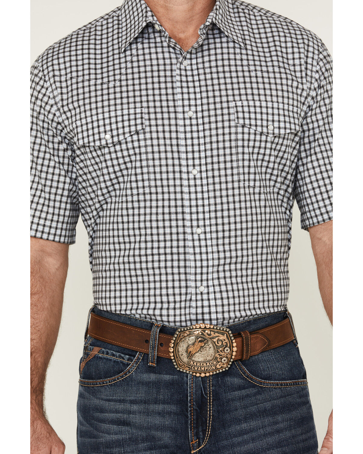 Image #3 - Wrangler Men's Plaid Print Short Sleeve Pearl Snap Western Shirt - Big, Black, hi-res