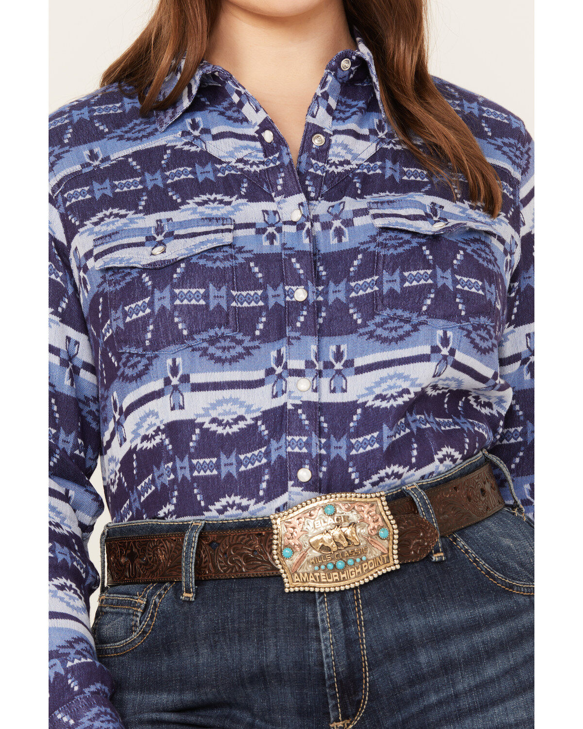 Image #3 - Ariat Women's Southwestern Oceanic Print Long Sleeve Western Pearl Snap Shirt - Plus, Blue, hi-res