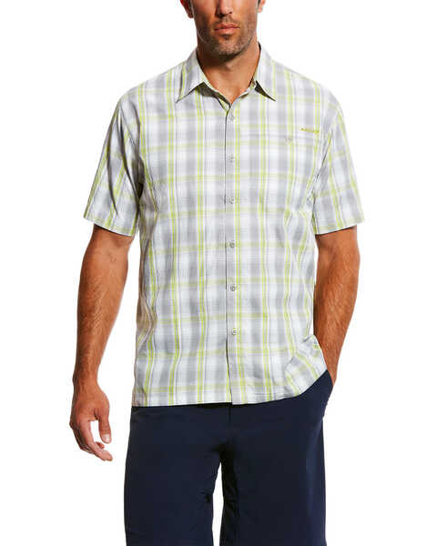 Ariat Men's Silver TEK Solitude Plaid Print Button Short Sleeve Shirt, Silver, hi-res