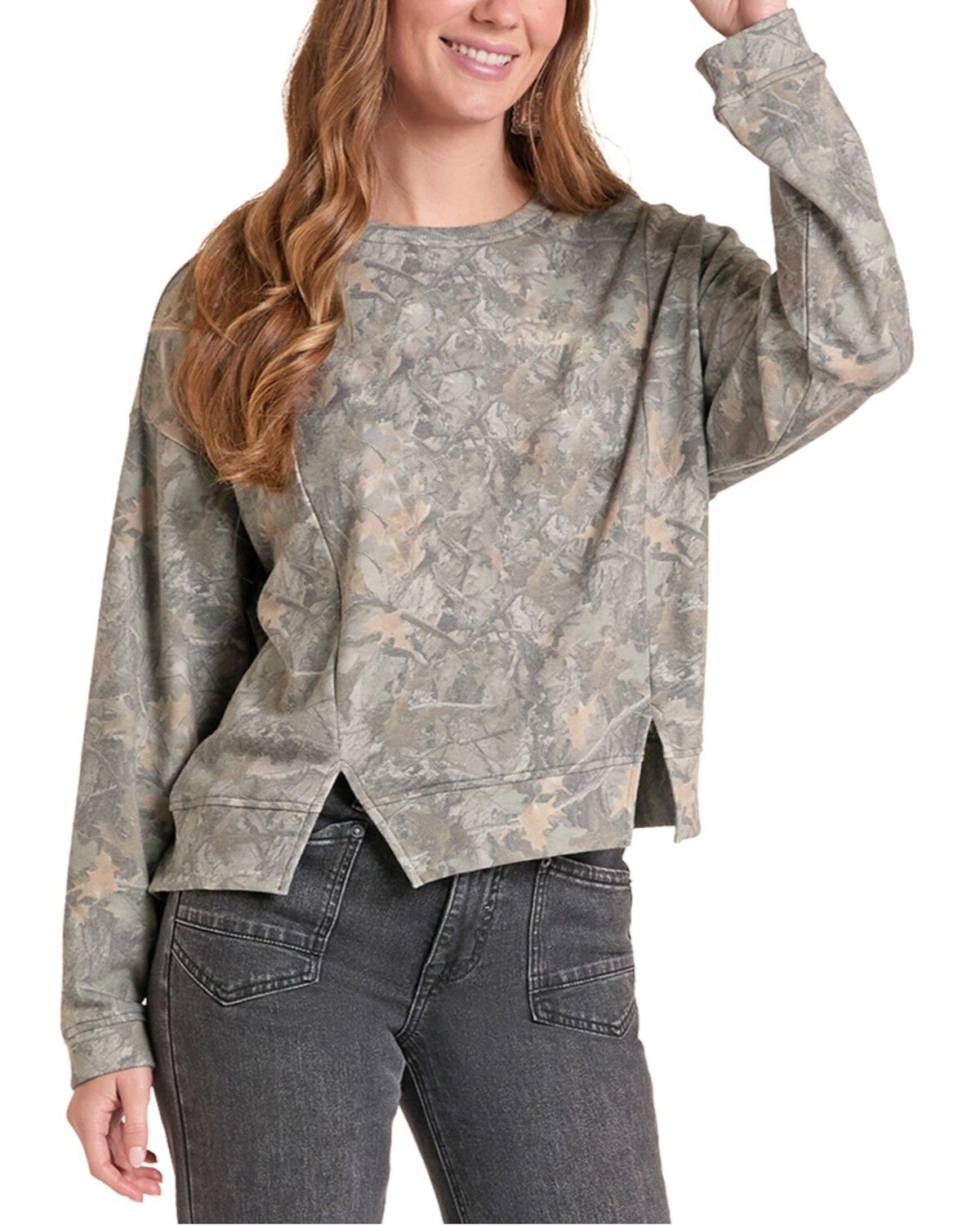 Image #1 - Panhandle Women's Camo Print Long Sleeve Crew Neck Sweatshirt, Green, hi-res