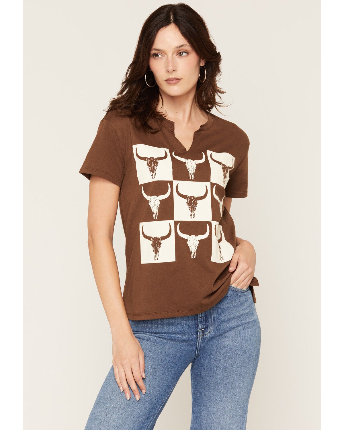 Blended Women's Checkerboard Steer Head Short Sleeve Graphic Tee, Brown, hi-res