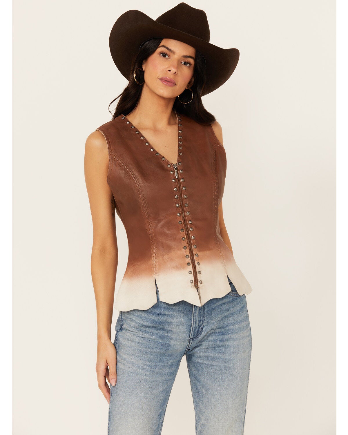 Cripple Creek Women's Ombre Zip Front Studded Leather Vest, Brown, hi-res