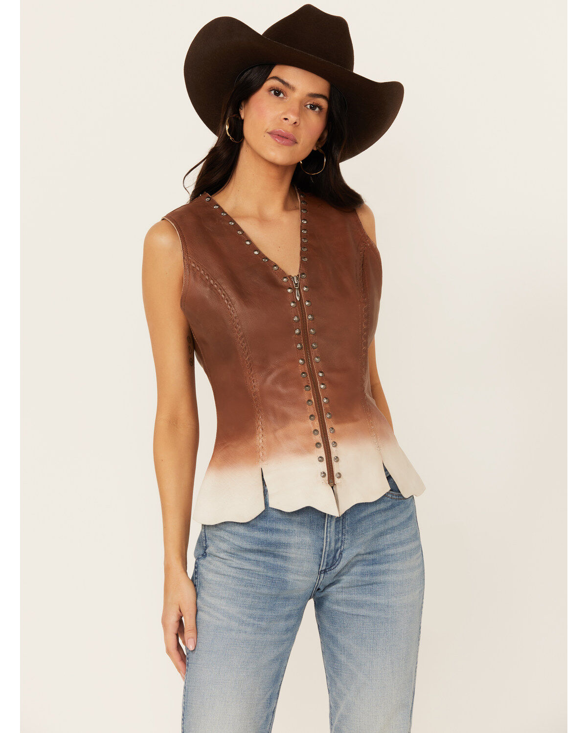 Image #1 - Cripple Creek Women's Ombre Zip Front Studded Leather Vest, Brown, hi-res