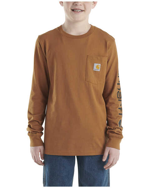 Carhartt Boys' Logo Long Sleeve Pocket T-Shirt, Medium Brown, hi-res