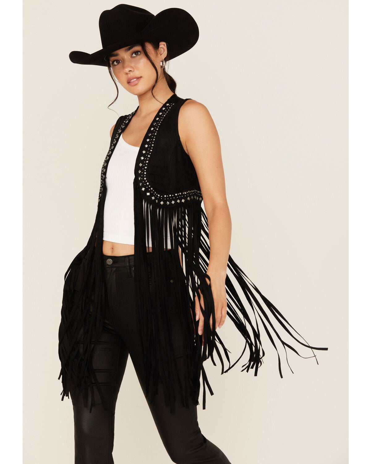 Idyllwind Women's Walnut Studded Fringe Faux Suede Vest, Black, hi-res