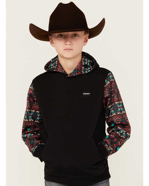 Hooey Boys' Southwestern Print Summit Hooded Sweatshirt, Black, hi-res