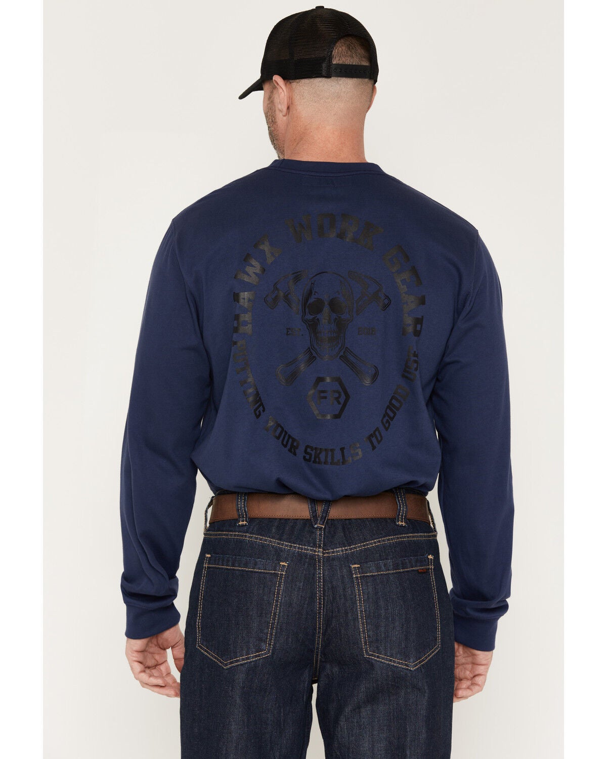 Hawx Men's FR Solid Skull and Hammers Long Sleeve Graphic Work T-Shirt, Navy, hi-res