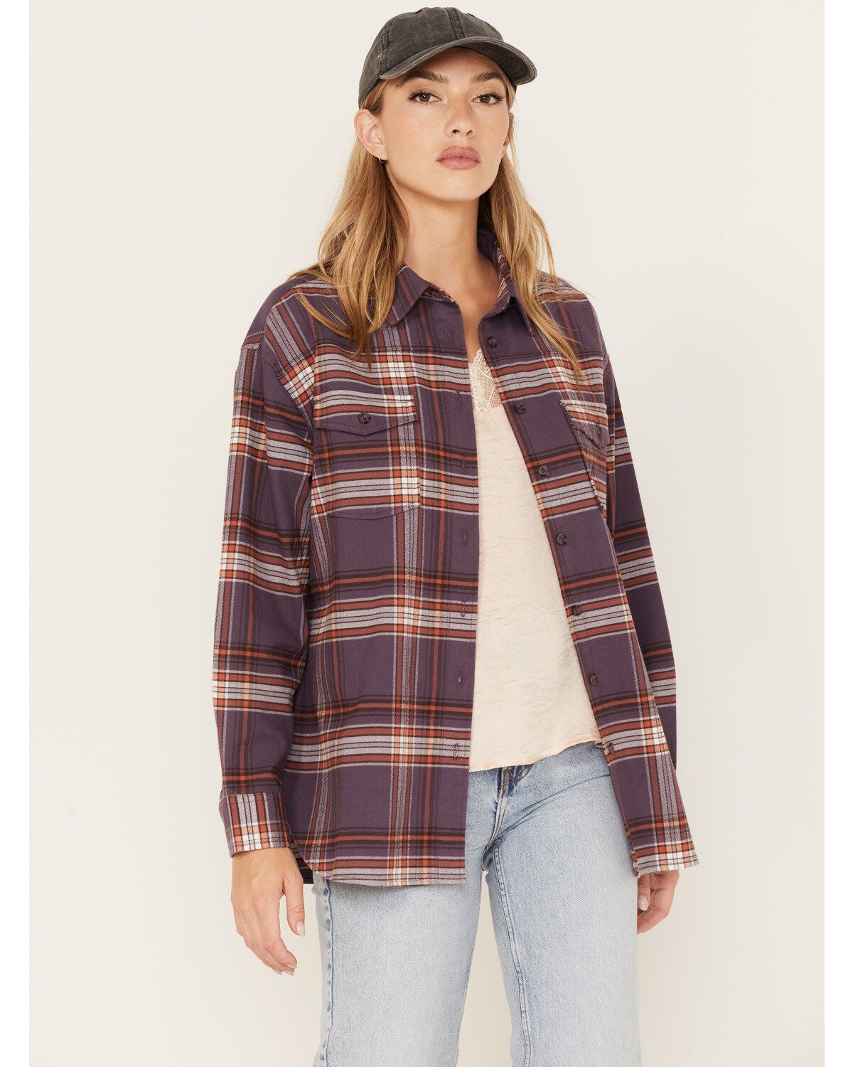 Cleo + Wolf Women's Plaid Print Oversized Long Sleeve Flannel Button Down Shirt, Violet, hi-res