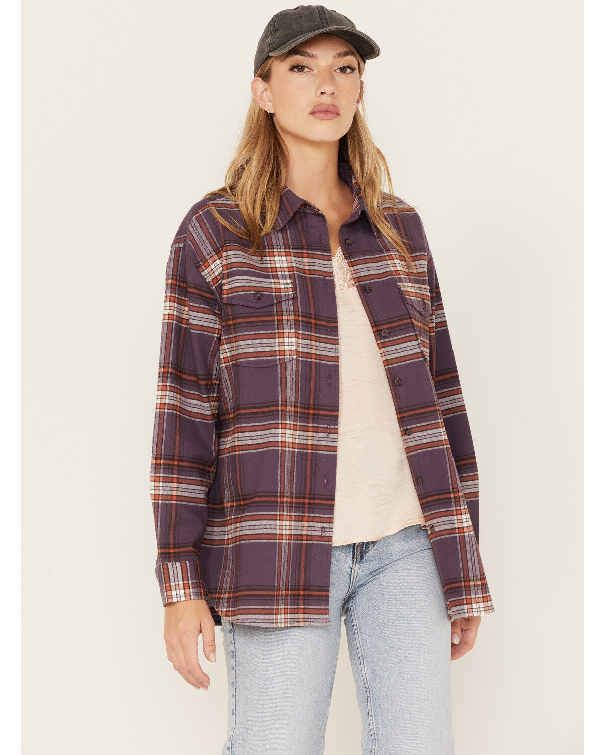 Image #1 - Cleo + Wolf Women's Plaid Print Oversized Long Sleeve Flannel Button Down Shirt, Violet, hi-res