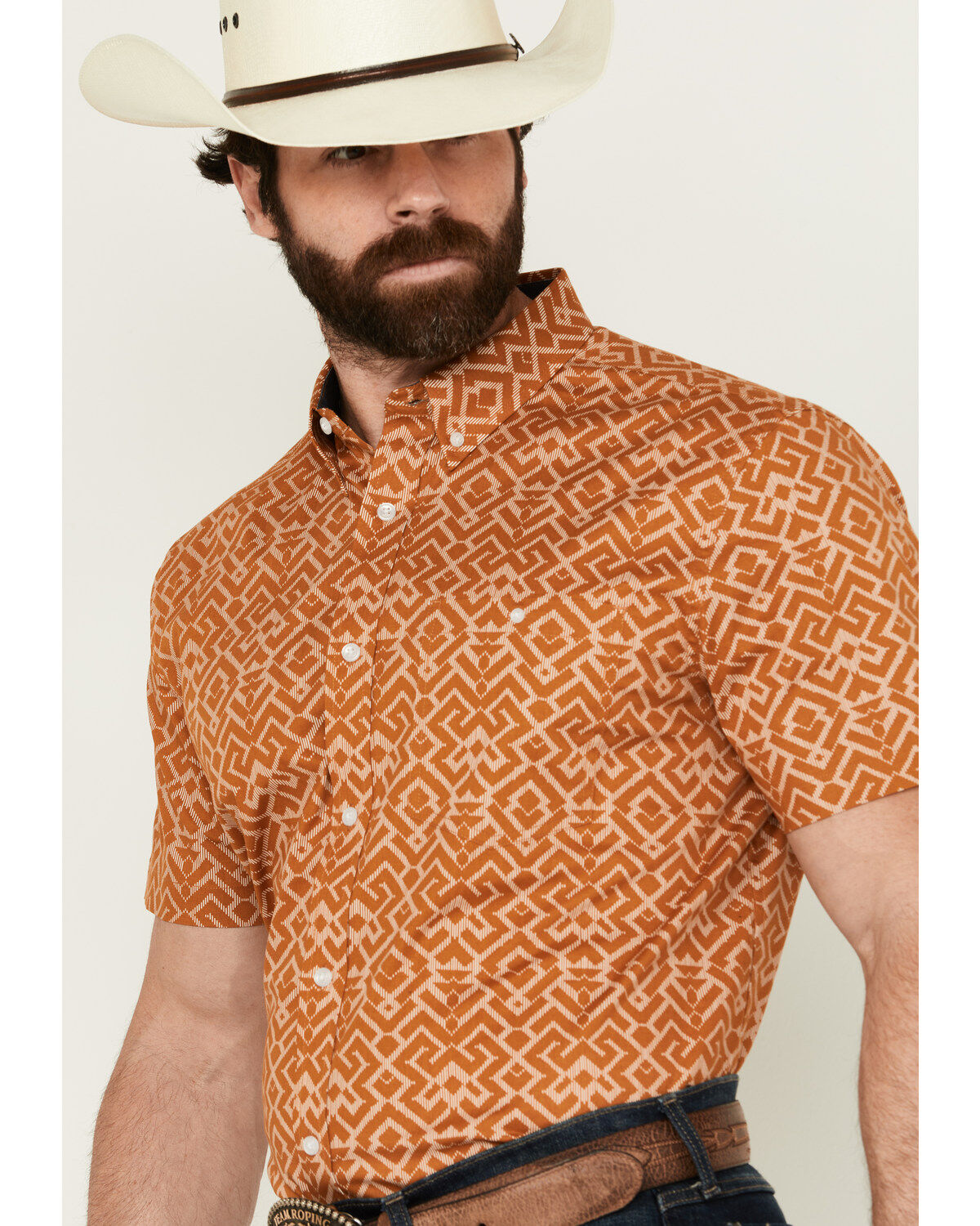 Image #2 - RANK 45® Men's Decker Geo Print Short Sleeve Performance Stretch Button-Down Western Shirt, Gold, hi-res