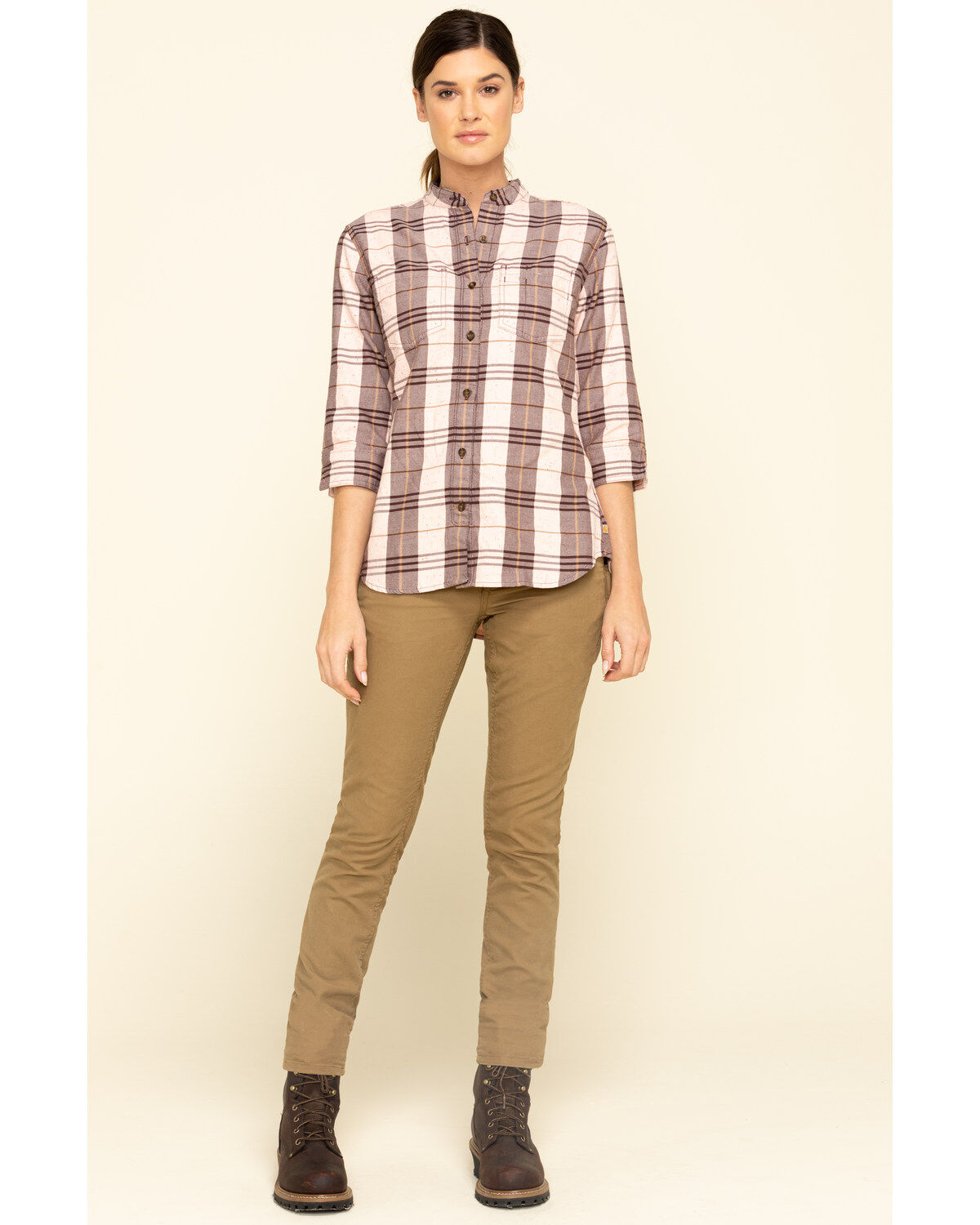 Image #6 - Carhartt Women's Plaid Print Relaxed Fit Midweight 3/4 Sleeve Button-Down Work Shirt, Wine, hi-res