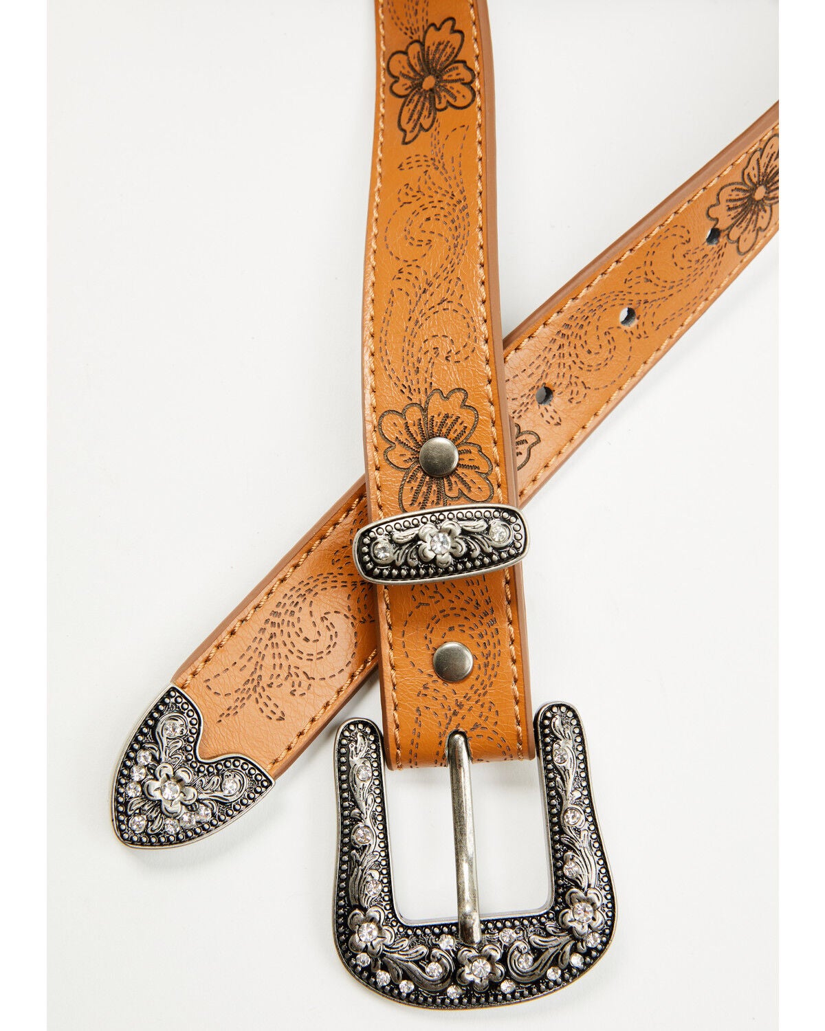 Shyanne Girls' Maple Floral Bling Belt, Brown, hi-res