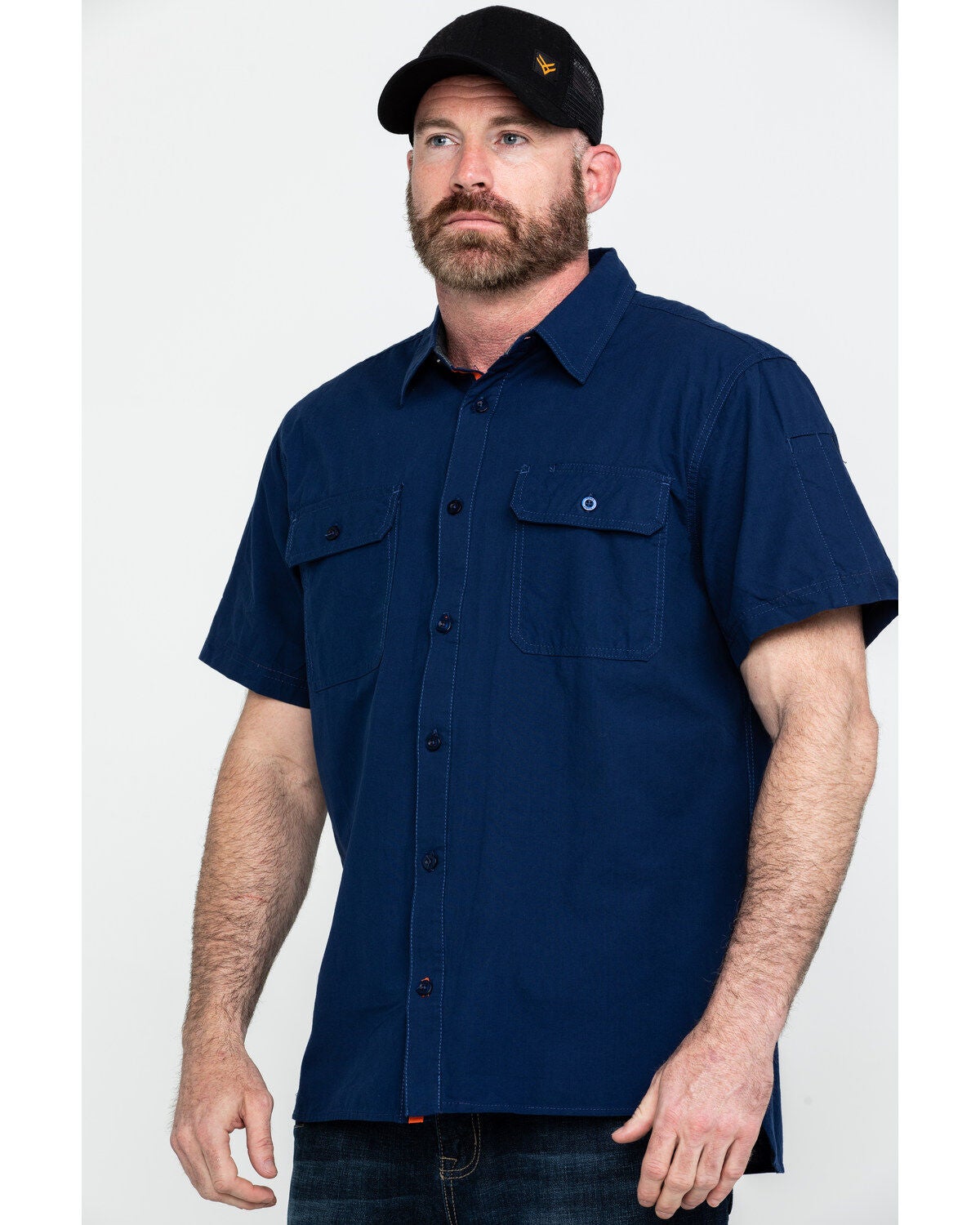 Hawx Men's Navy Solid Yarn Dye Two Pocket Short Sleeve Work Shirt - Tall, Navy, hi-res
