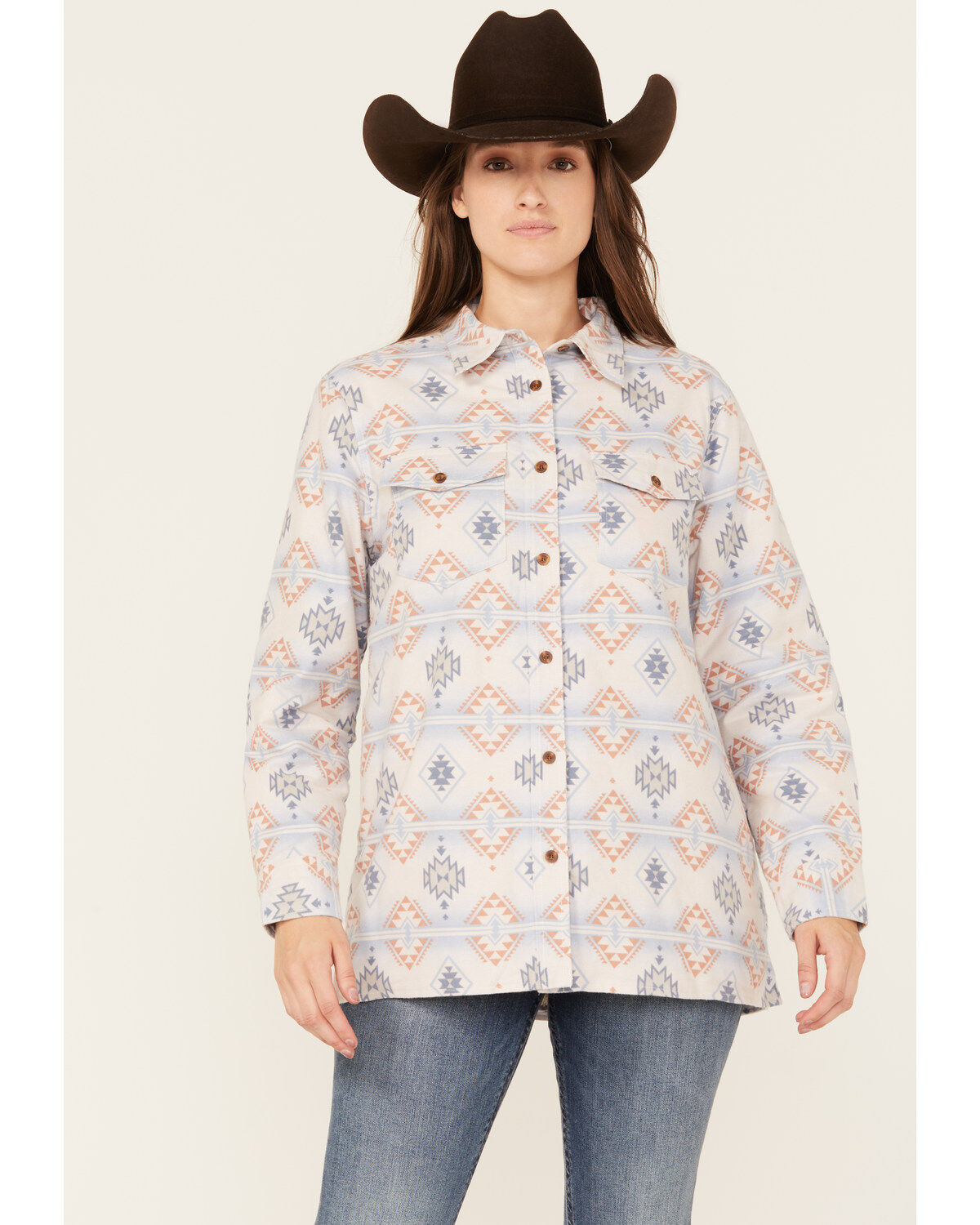Image #1 - Ely Walker Women's Southwestern Print Sherpa Lined Flannel, Grey, hi-res