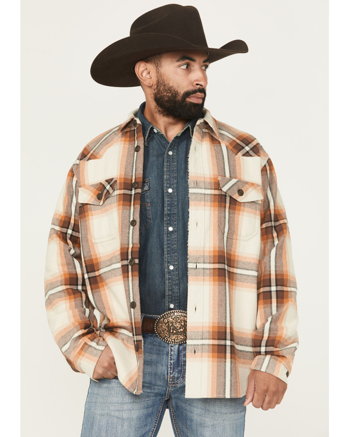Image #1 - Cody James Men's Grant Plaid Print Long Sleeve Sherpa Lined Button-Down Shirt Jacket, Tan, hi-res