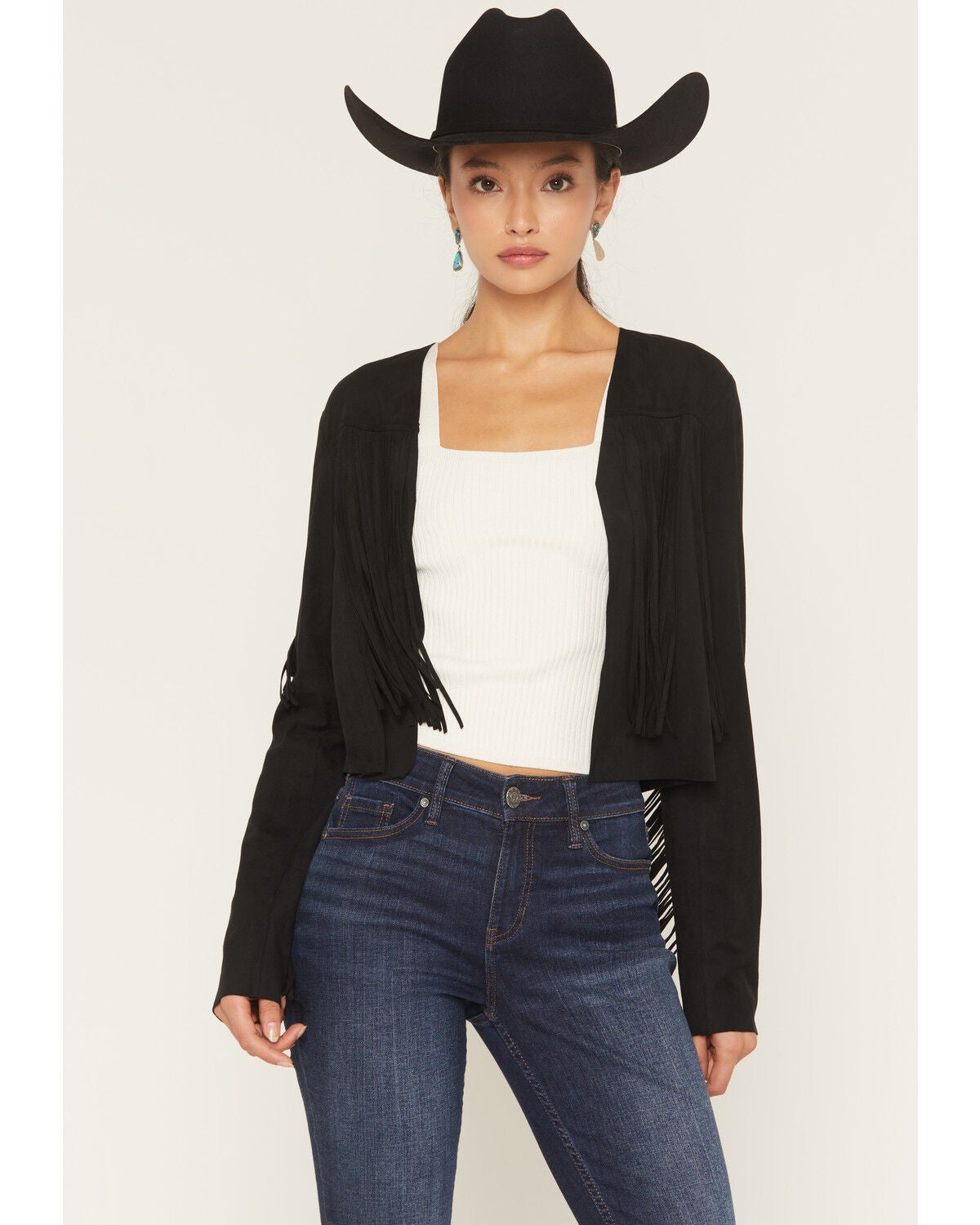 Shyanne Women's Fringe Faux Suede Cropped Jacket, Black, hi-res