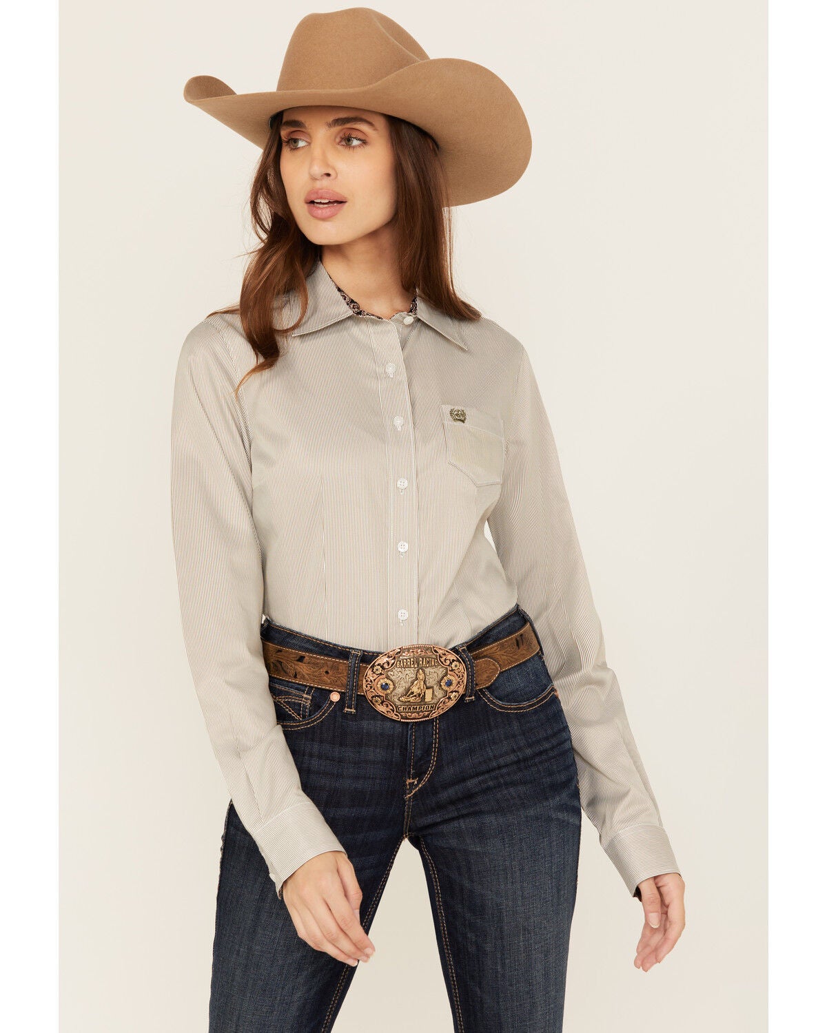 Cinch Women's Striped Long Sleeve Button-Down Western Shirt, Olive, hi-res