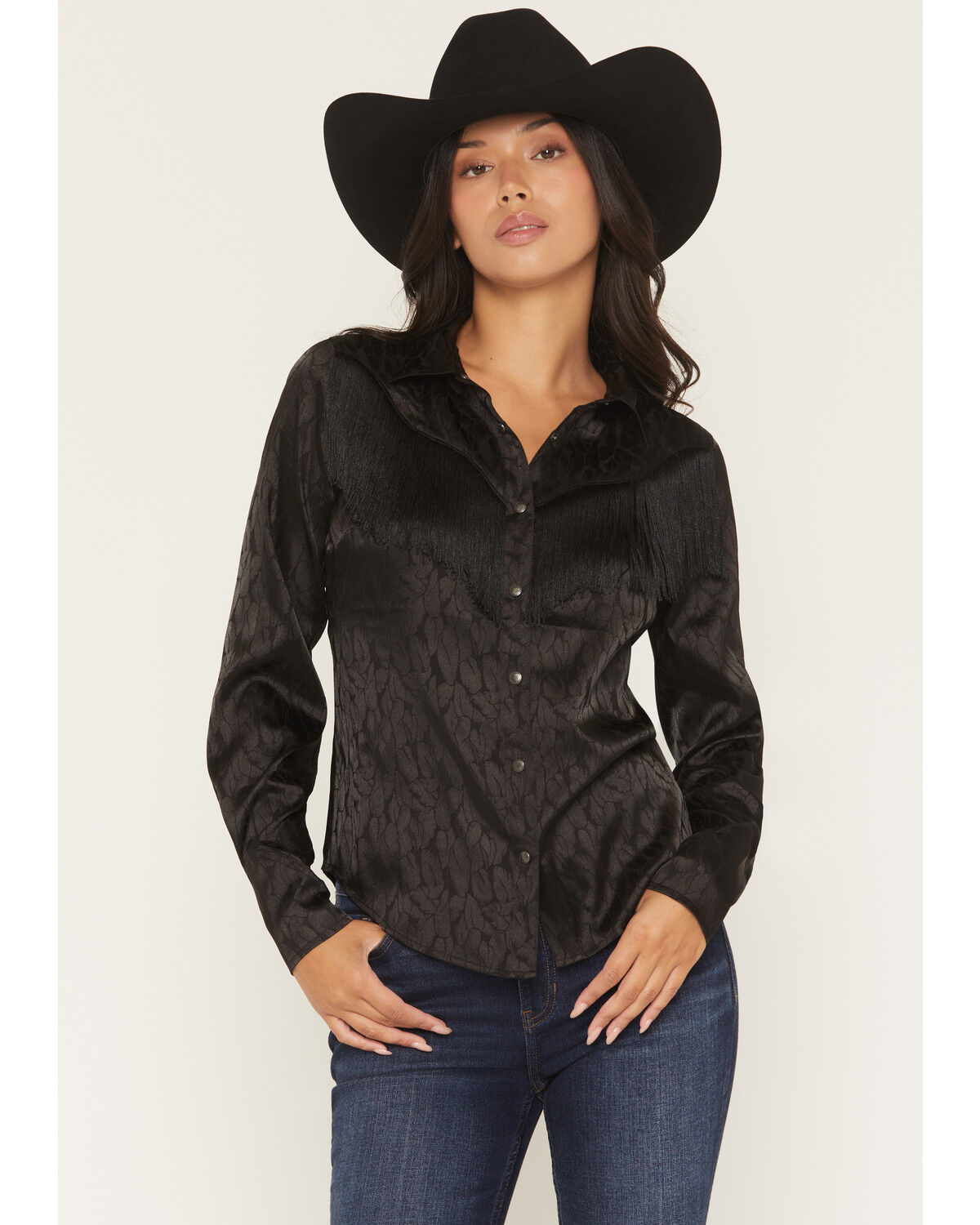 Image #1 - Shyanne Women's Roberta Long Sleeve Fringe Satin Button-Down Western Shirt, Black, hi-res