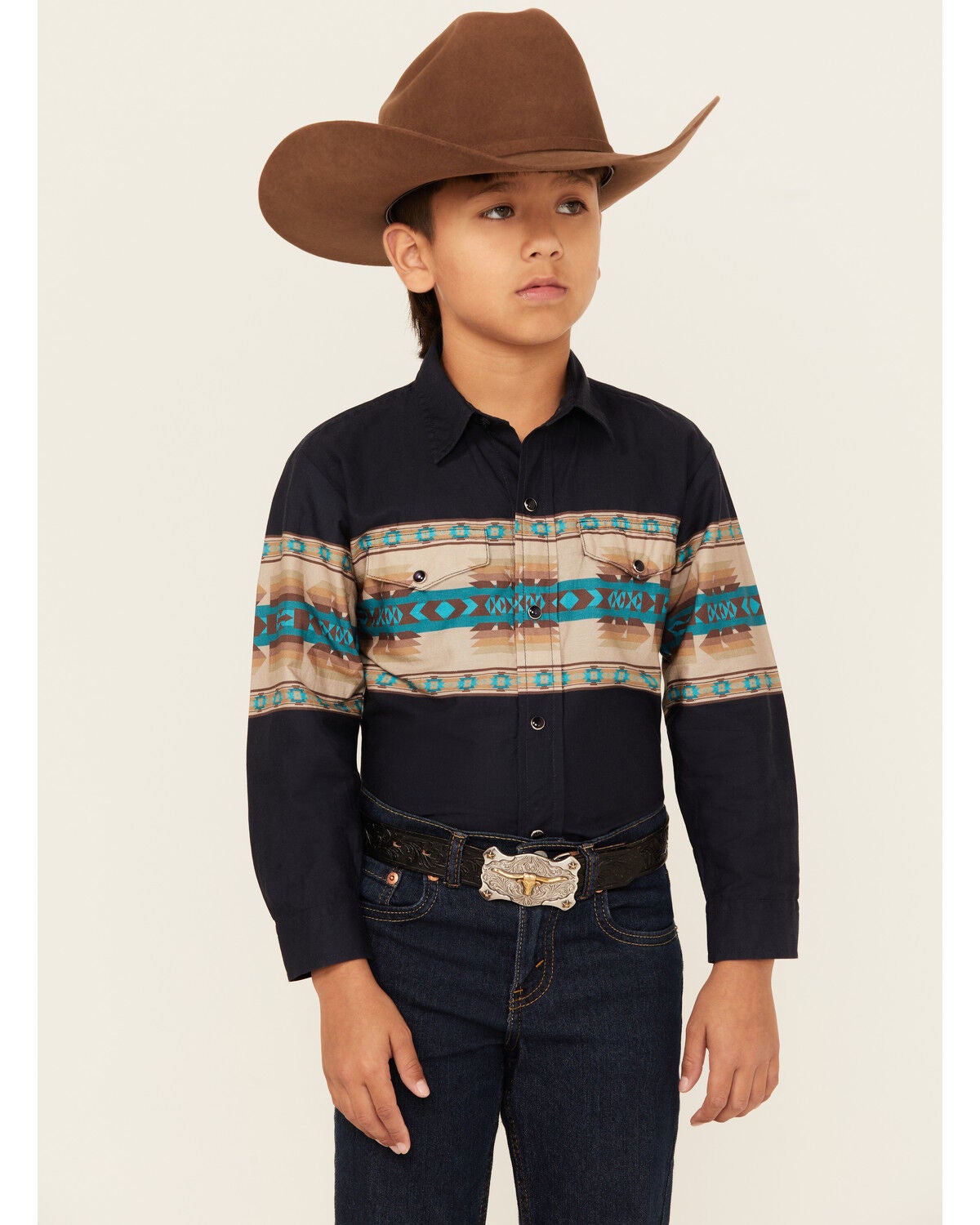 Roper Boys' Southwestern Border Print Long Sleeve Pearl Snap Western Shirt, Blue, hi-res
