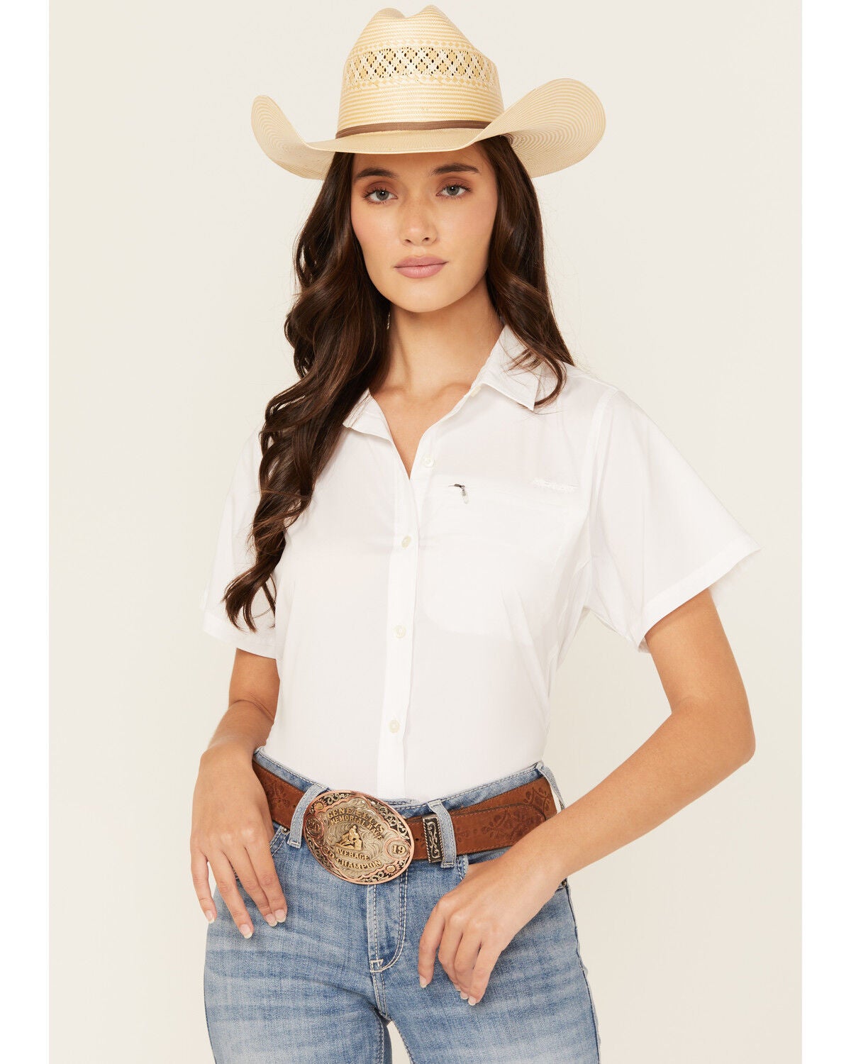 Ariat Women's VentTEK Solid Short Sleeve Button-Down Stretch Western Shirt, White, hi-res