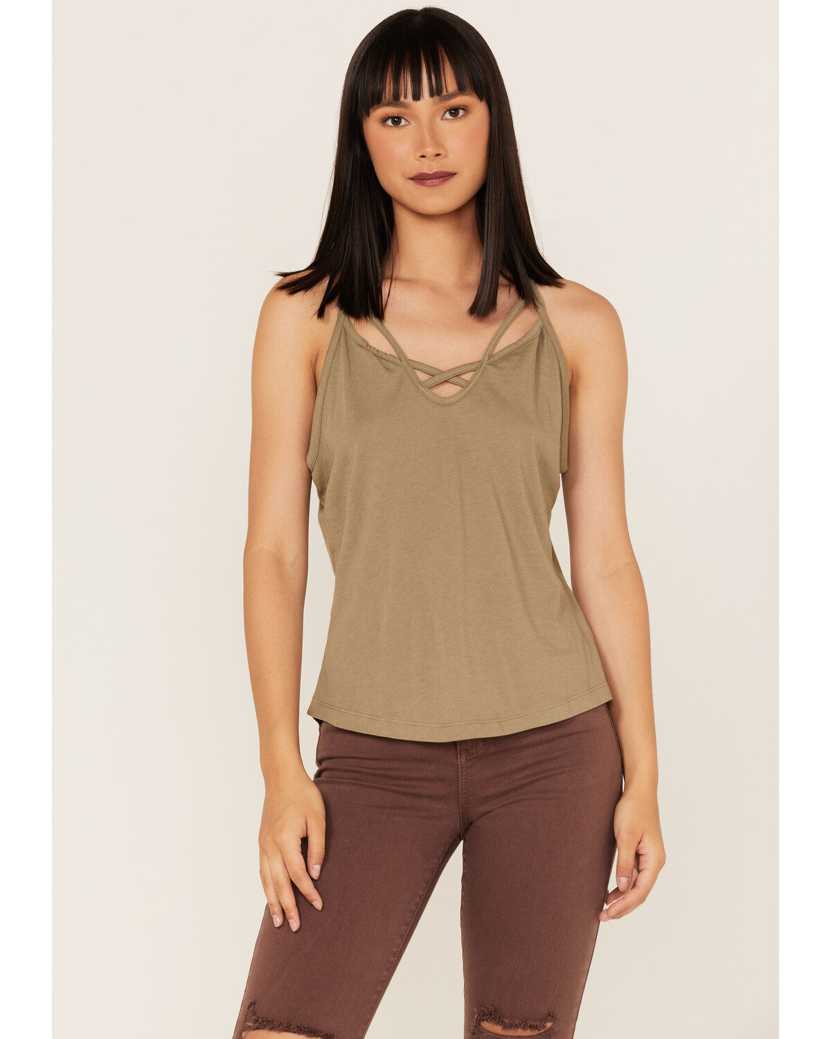 Image #1 - Shyanne Women's Cross Front Jersey Tank Top, Sage, hi-res