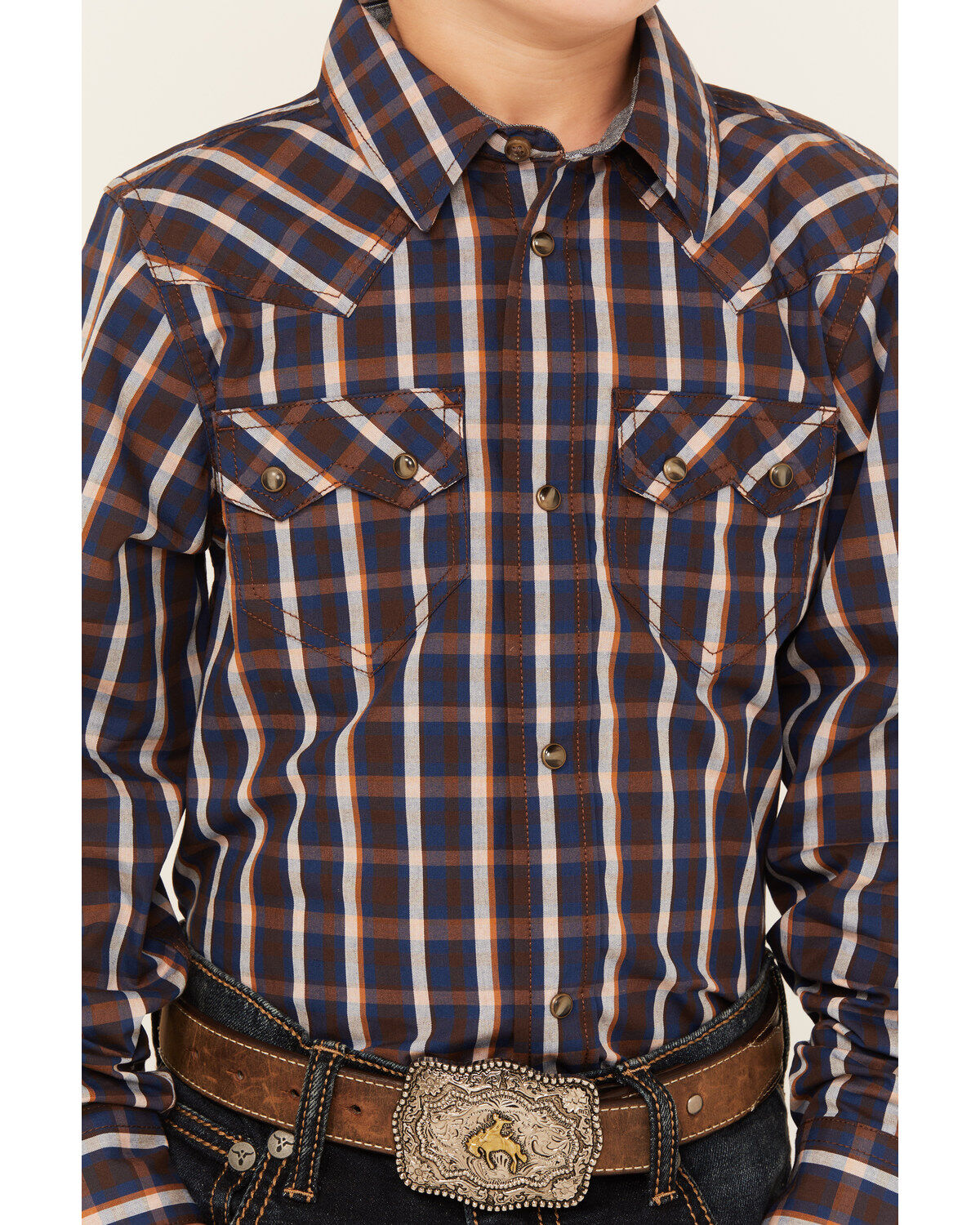 Image #3 - Cody James Boys' Joe Plaid Print Long Sleeve Snap Western Shirt, Brown, hi-res